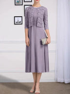 A-line Scoop Tea-Length Chiffon Mother of the Bride Dress With Pleated by Dreamylily