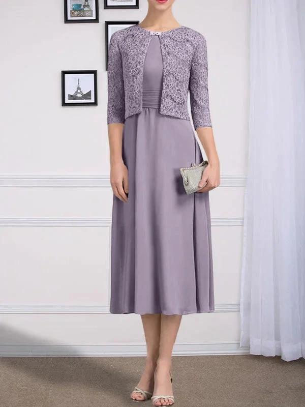 A-line Scoop Tea-Length Chiffon Mother of the Bride Dress With Pleated by Dreamylily