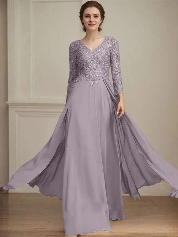 A-line V-Neck Floor-Length Lace Chiffon Mother of the Bride Dress With Sequins by Dreamylily