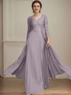 A-line V-Neck Floor-Length Lace Chiffon Mother of the Bride Dress With Sequins by Dreamylily