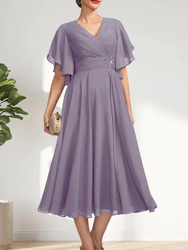 A-line V-Neck Tea-Length Chiffon Mother of the Bride Dress With Pleated Beading by Dreamylily