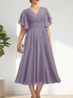 A-line V-Neck Tea-Length Chiffon Mother of the Bride Dress With Pleated Beading by Dreamylily