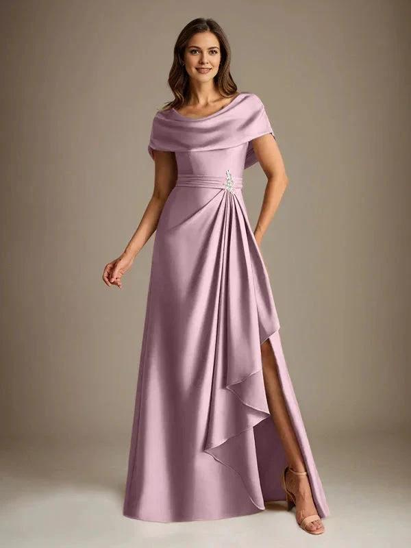 A-Line Scoop Floor-Length Stretch Satin Mother of the Bride Dress With Cascading Ruffles by Dreamylily
