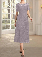 A-line Scoop Illusion Tea-Length Lace Mother of the Bride Dress With Sequins by Dreamylily