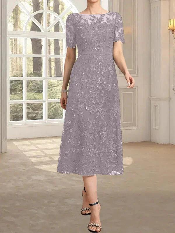 A-line Scoop Illusion Tea-Length Lace Mother of the Bride Dress With Sequins by Dreamylily