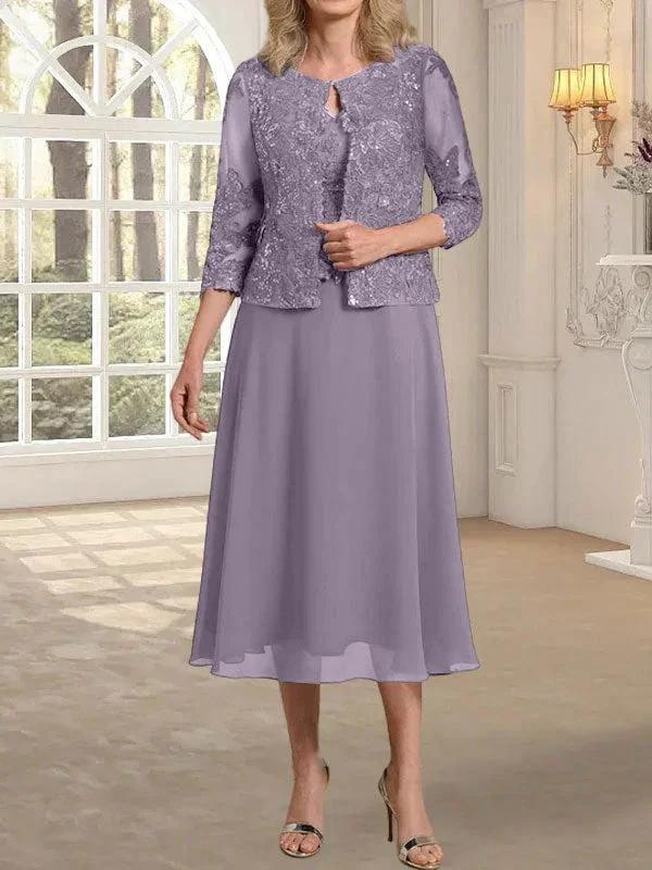 A-line Scoop Tea-Length Lace Chiffon Mother of the Bride Dress With Sequins by Dreamylily