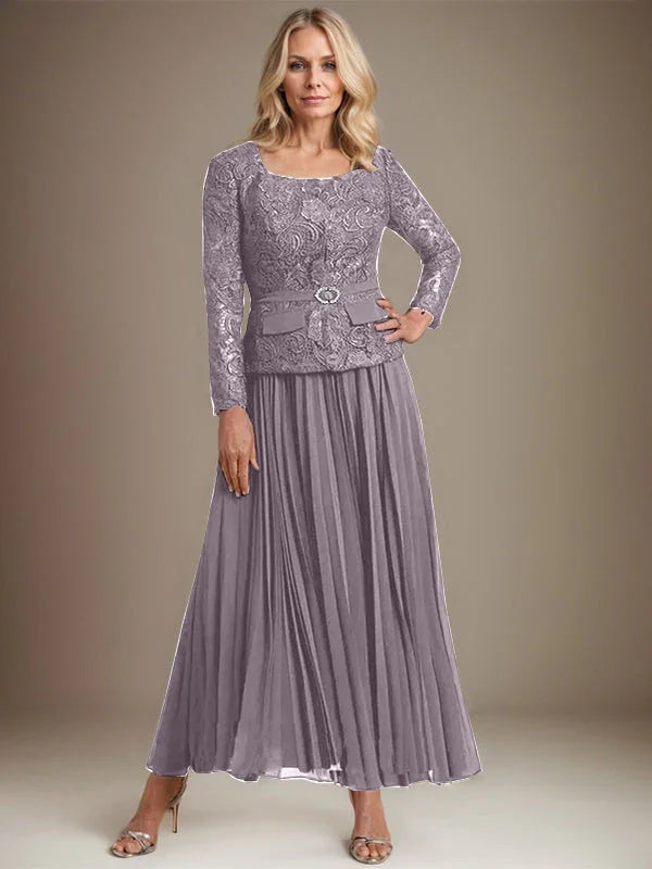 Vestido de gasa para madre de la novia con corte A, cuadrado, largo hasta los tobillos, con pliegues 