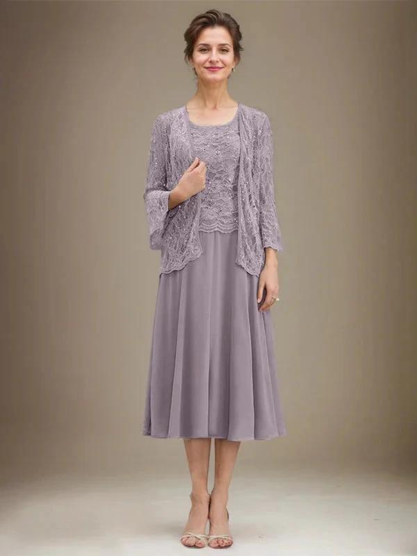 A-line Scoop Tea-Length Lace Chiffon Mother of the Bride Dress With Sequins by Dreamylily