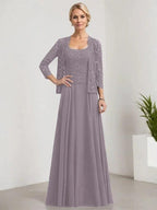A-line Square Floor-Length Lace Chiffon Mother of the Bride Dress With Sequins by Dreamylily