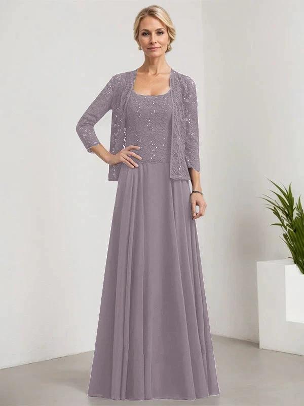 A-line Square Floor-Length Lace Chiffon Mother of the Bride Dress With Sequins by Dreamylily