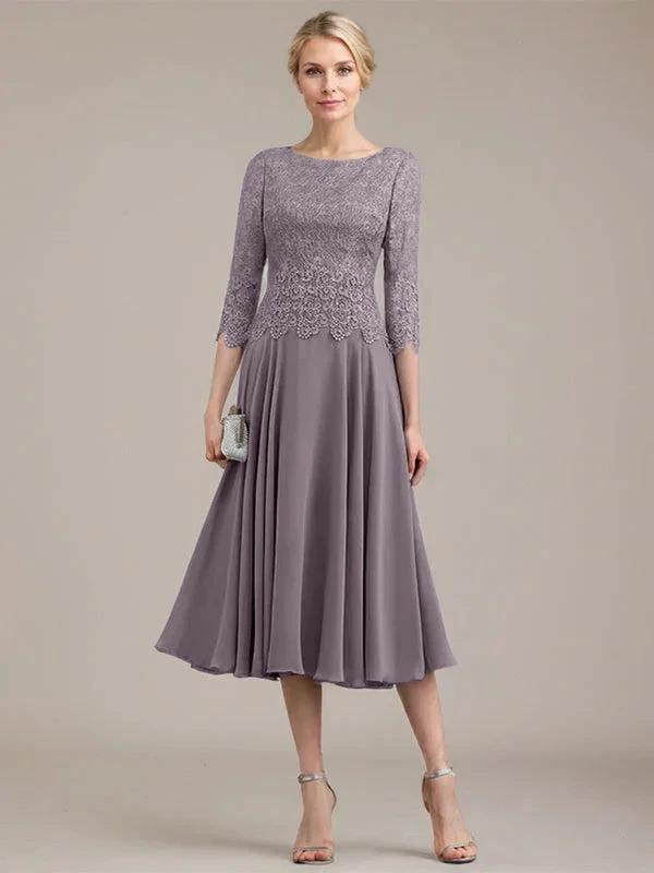A-line Scoop Tea-Length Lace Chiffon Mother of the Bride Dress by Dreamylily