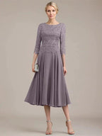 A-line Scoop Tea-Length Lace Chiffon Mother of the Bride Dress by Dreamylily