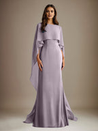 Sheath/Column Boatneck Floor-Length Chiffon Mother of the Bride Dress With Cascading Ruffles