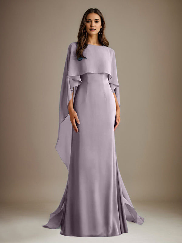 Sheath/Column Boatneck Floor-Length Chiffon Mother of the Bride Dress With Cascading Ruffles