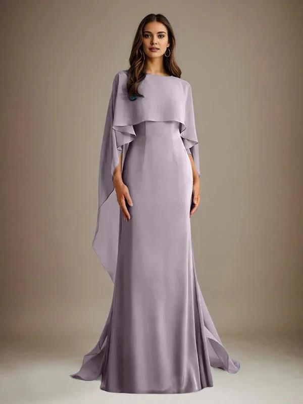 Sheath/Column Boatneck Floor-Length Chiffon Mother of the Bride Dress With Cascading Ruffles by Dreamylily