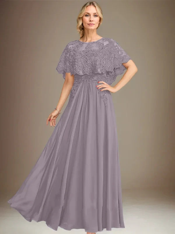 A-line Boat Neck Floor-Length Lace Chiffon Mother of the Bride Dress With Applique Sequins by Dreamylily