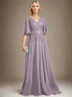 A-line V-Neck Floor-Length Chiffon Lace Mother of the Bride Dress With Crystal Brooch Rhinestone by Dreamylily