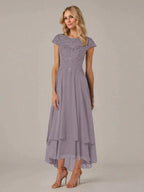 A-line Boat Neck Illusion Asymmetrical Chiffon Lace Mother of the Bride Dress With Applique Pleats by Dreamylily