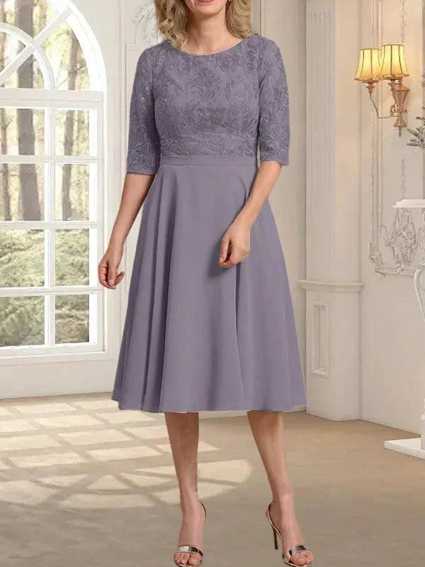 A-line Scoop Knee-Length Lace Chiffon Mother of the Bride Dress by Dreamylily