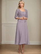 A-line Square Tea-Length Chiffon Lace Mother of the Bride Dress With Sequins Beading by Dreamylily
