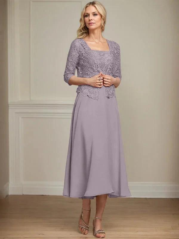 A-line Square Tea-Length Chiffon Lace Mother of the Bride Dress With Sequins Beading by Dreamylily
