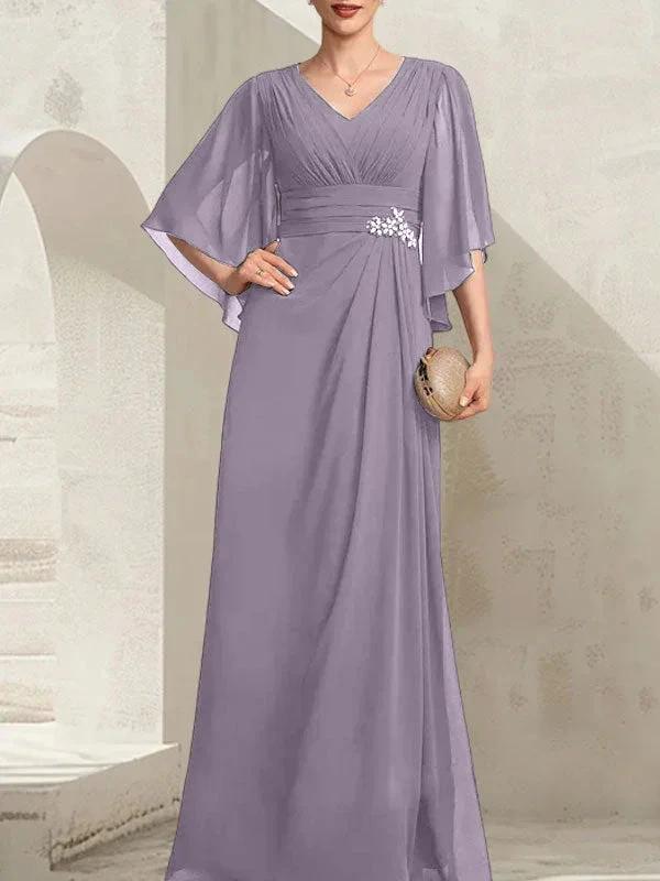 Sheath/Column V-Neck Floor-Length Chiffon Mother of the Bride Dress With Pleated Sequins Beading by Dreamylily