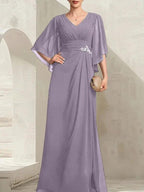 Sheath/Column V-Neck Floor-Length Chiffon Mother of the Bride Dress With Pleated Sequins Beading by Dreamylily