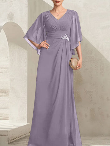 Vestido de gasa para madre de la novia, con escote en V, largo hasta el suelo, con lentejuelas plisadas y abalorios