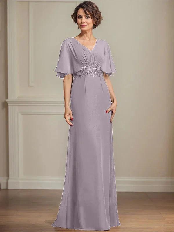 A-line V-Neck Floor-Length Chiffon Mother of the Bride Dress With Pleated Sequins Appliques Lace by Dreamylily