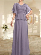 A-line V-Neck Floor-Length Chiffon Mother of the Bride Dress With Pleated Beading by Dreamylily