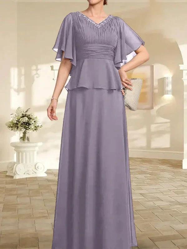 A-line V-Neck Floor-Length Chiffon Mother of the Bride Dress With Pleated Beading by Dreamylily