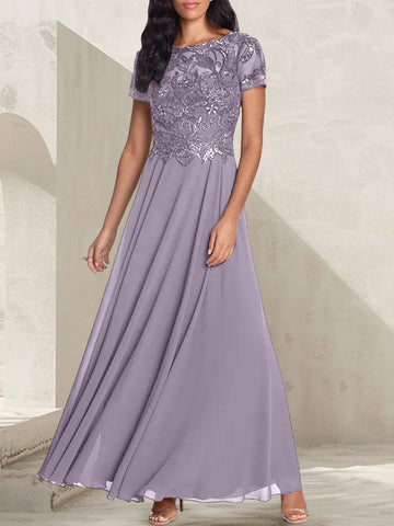 Vestido largo de madre de la novia con escote redondo, corte A, color gris carbón y cuentas