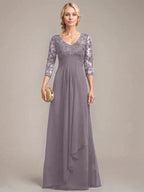 A-line V-Neck Floor-Length Lace Chiffon Mother of the Bride Dress With Cascading Ruffles Sequins by Dreamylily