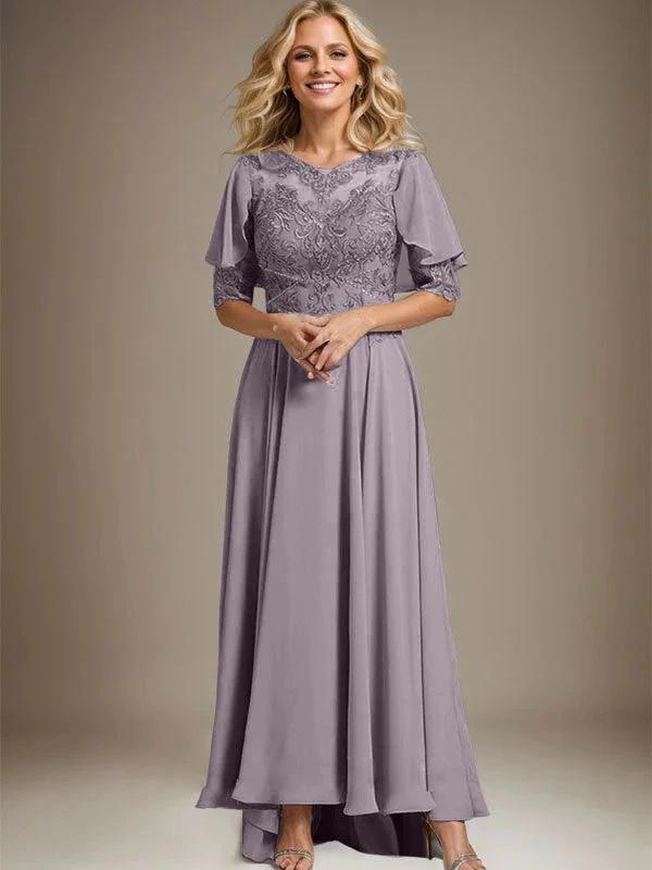 A-line Scoop Illusion Asymmetrical Chiffon Lace Mother of the Bride Dress With Beading by Dreamylily