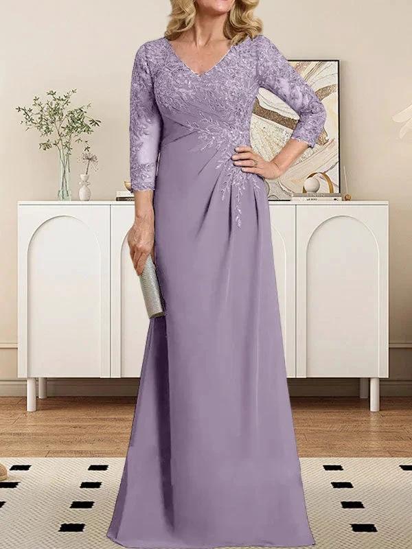 Sheath/Column V-Neck Illusion Floor-Length Lace Chiffon Mother of the Bride Dress With Pleated Sequins by Dreamylily