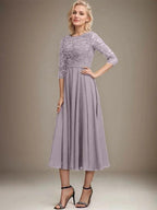 A-line Scoop Tea-Length Lace Chiffon Mother of the Bride Dress With Sequins by Dreamylily