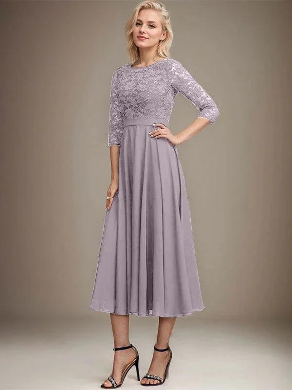 A-line Scoop Tea-Length Lace Chiffon Mother of the Bride Dress With Sequins by Dreamylily