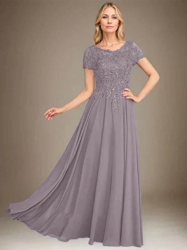 A-Line Scoop Floor-Length Chiffon Mother of the Bride Dress With Applique & Sequins by Dreamylily