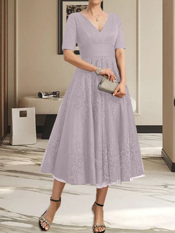 A-line V-Neck Tea-Length Tulle Lace Mother of the Bride Dress With Pleated
