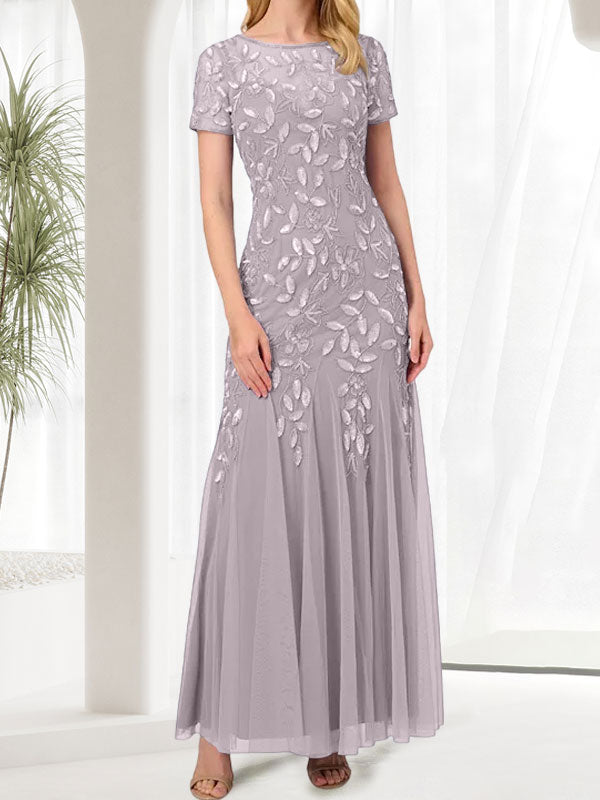 Blue Mermaid Round Neck Long Mother of the Bride Dress With Beadings