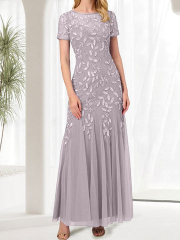 Vestido largo de sirena azul con cuello redondo para madre de la novia con cuentas
