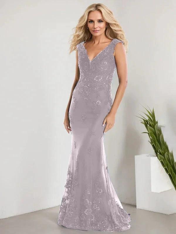 A-line V-Neck Floor-Length Lace Chiffon Mother of the Bride Dress With Applique Sequins Mermaid Dresses by Dreamylily
