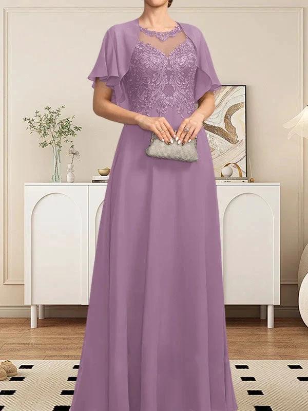 A-line Scoop Illusion Floor-Length Lace Chiffon Mother of the Bride Dress With Sequins by Dreamylily
