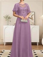 A-line Scoop Illusion Floor-Length Lace Chiffon Mother of the Bride Dress With Sequins by Dreamylily
