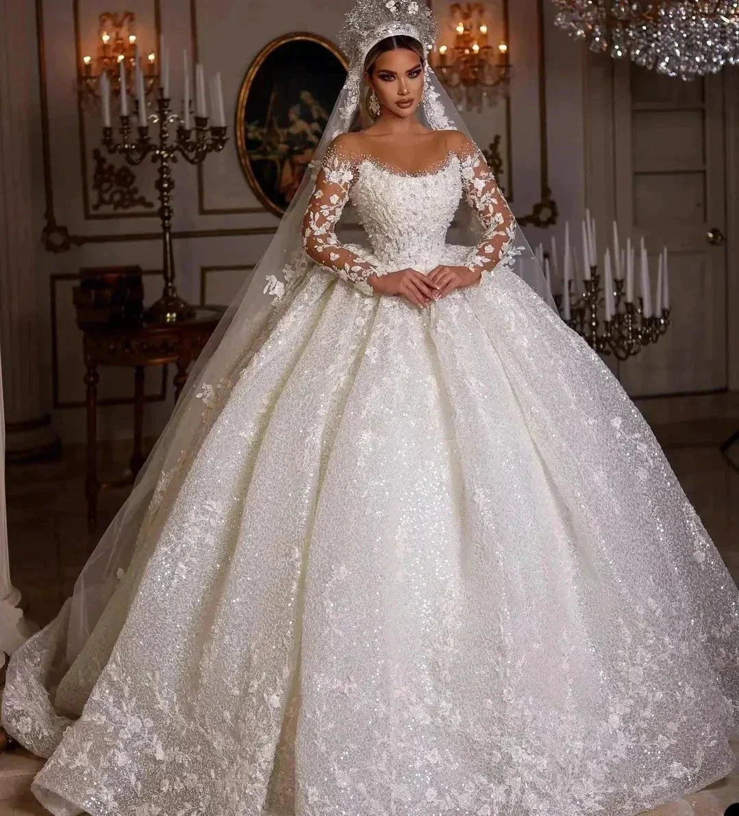 Women's Luxury Lace Wedding Dresses Dubai Long Sleeves Sequins Beads Sheer Neck Appliques Glitter Tulle Bride Gowns Vestido Noiv by payinti