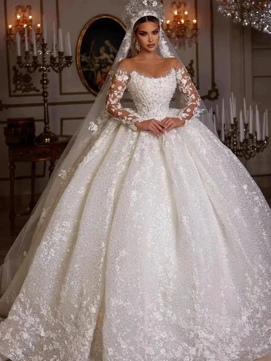 Women's Luxury Lace Wedding Dresses Dubai Long Sleeves Sequins Beads Sheer Neck Appliques Glitter Tulle Bride Gowns Vestido Noiv by payinti