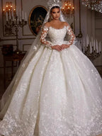 Women's Luxury Lace Wedding Dresses Dubai Long Sleeves Sequins Beads Sheer Neck Appliques Glitter Tulle Bride Gowns Vestido Noiv by payinti