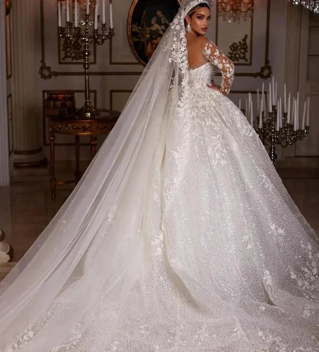 Women's Luxury Lace Wedding Dresses Dubai Long Sleeves Sequins Beads Sheer Neck Appliques Glitter Tulle Bride Gowns Vestido Noiv by payinti