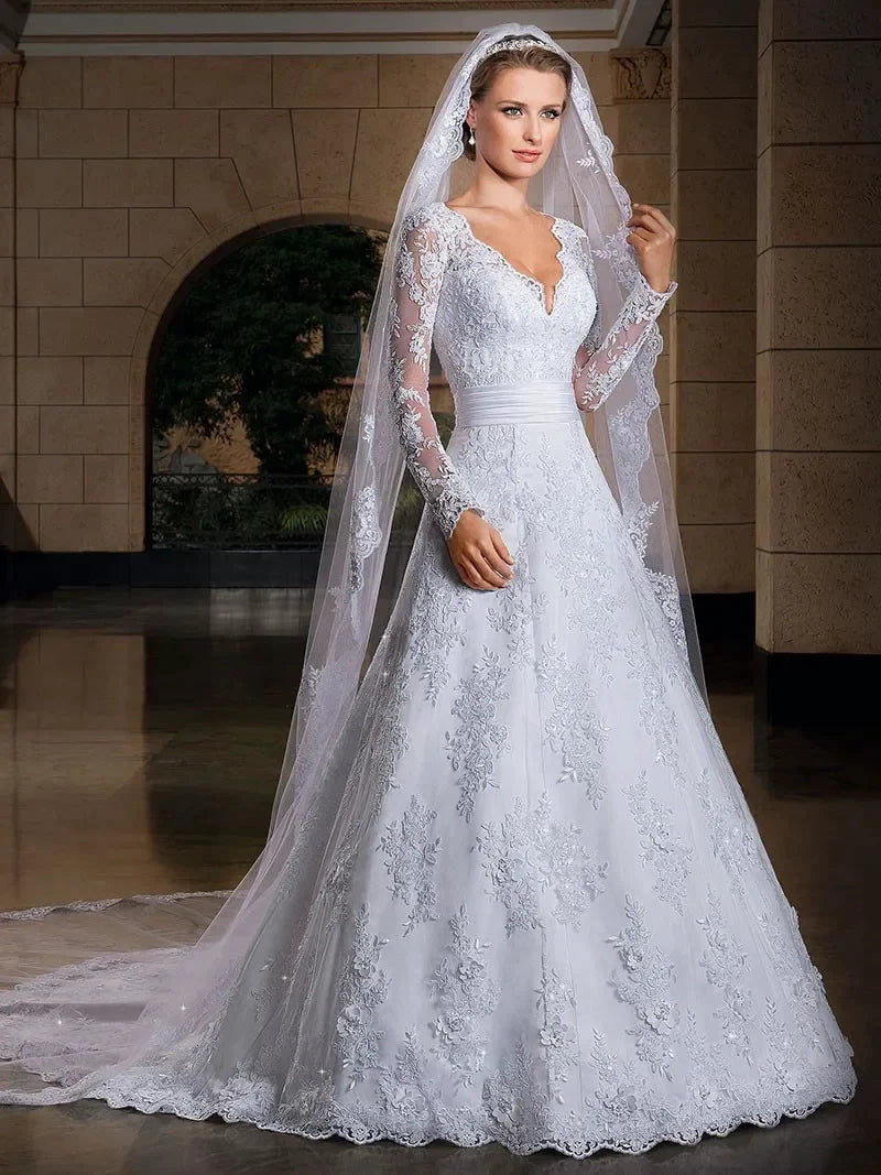 Women's Wedding dress long sleeve Lace beading princess Wedding Dress plus size bride dress robe de mariee by payinti