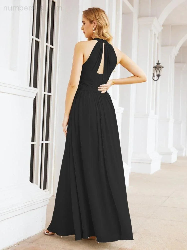 Numbersea Abito da damigella d'onore lungo senza maniche con collo all'americana per festa, matrimonio, sera 28054